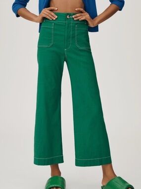 Anthropologie Maeve Colette pant Green Magic Linen white stitching